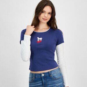 NWT Hippie Rose Graphic Faux Two-Fer Crewneck Cherry Graphic Long Sleeve Tee XS